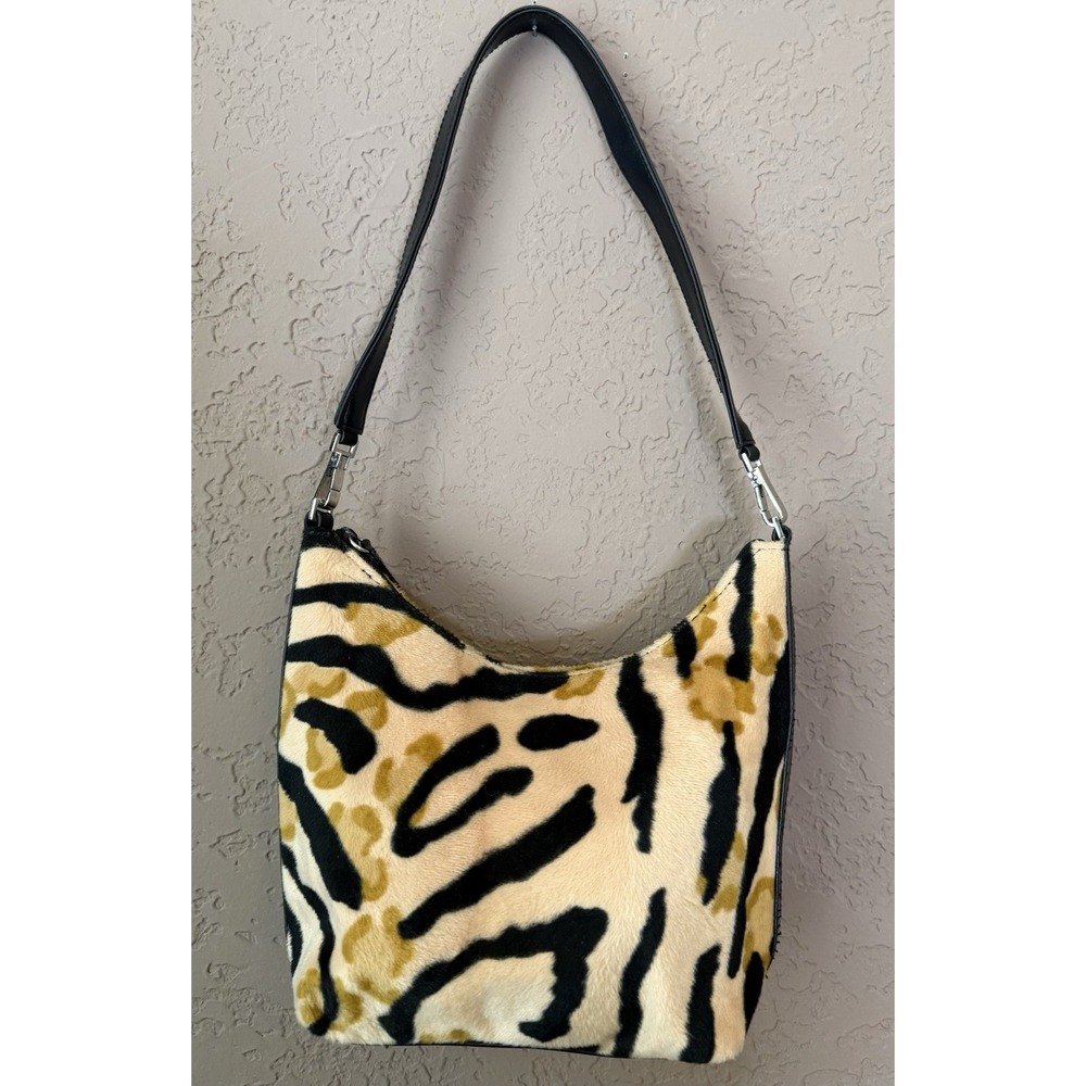 Tiger Print Black & Tan Zip Top Faux Fur Shoulder Handbag. 9"x8" x5". Boho Chic
